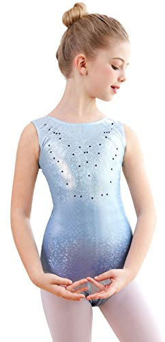 Monbessi Turnanzug Mädchen Glitzernde Kinder Gymnastikanzug Rundhalsausschnitt Dancewear 5-12 Jahre (140, Blau)