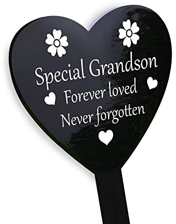 RED OCEAN Special Grandson Grave Marker - Graveside Memorial Decorations - Weatherproof Black Acrylic Heart Stake - Grandson Memorial Plaque From Grandparents