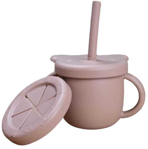 Moewe Silikon Trinklern- und Snackbecher für Babys und Kleinkinder mit Strohhalm, Griff und austauschbarem Deckel | BPA-FREI | Mikrowellengeeignet | Spülmaschinenfest | 250 Milliliter (Caramel)