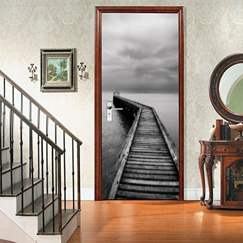 A.Monamour Türtapete Selbstklebend Türfolie Türposter 3D Eine Holzbrücke Über Dem Ozean Schwarz Und Weiß Vinyl Folie Türdeko Tapete Wandbild Türaufkleber Türtattoo 95 x 215 cm