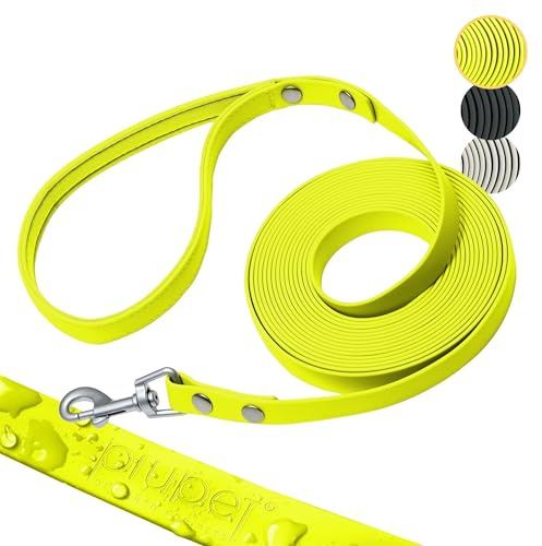 PiuPet® Schleppleine für Hunde - Wasserfeste Hundeleine - 5m - Gelb | PVC Trainingsleine, Handschlaufe, 360° Karabiner, bis 50kg, wetterfest, leicht zu reinigen, große Hunde, 15mm Breite