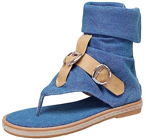 rismart Femme Cheville Haute Denim Gladiateur Sandale Bouton d'orteil Talon bas Chaussures d'été Bleu Denim,39