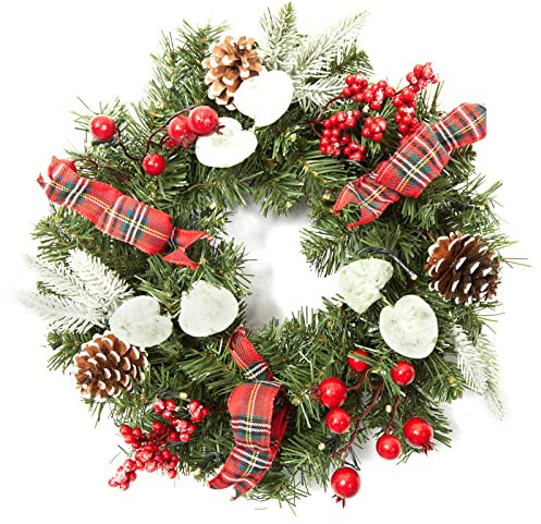 Couronne de Noël avec lumières de 45 cm, 15 LED, Couronne Artificielle pour Porte d'entrée, Couronne d'aiguilles de pin avec Boules de Noël, Pommes de pin, Baies - forêt