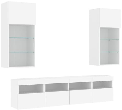 vidaXL 5-TLG. Wohnwand mit LED-Beleuchtung Weiß Holzwerkstoff