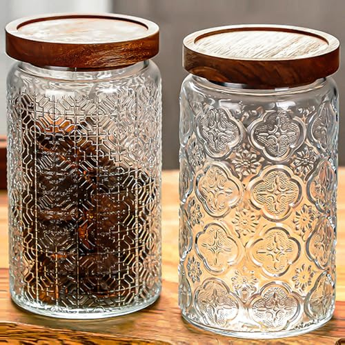 DXQCHDUO Vintage-Glasbehälter, 964 ml, 2 Stück, luftdichter Bambusdeckel, Lebensmittelbehälter für Küche, Theke, Speisekammer, Kaffeebohnen, Tee, Hafer, Süßigkeiten