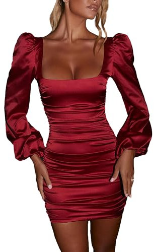 DGCUPODE Damen Bodycon-Kleid mit gerafftem Ausschnitt Langes Minikleid mit Puffärmeln und Falten Elegante Party Club Cocktailkleider (Rot,S)