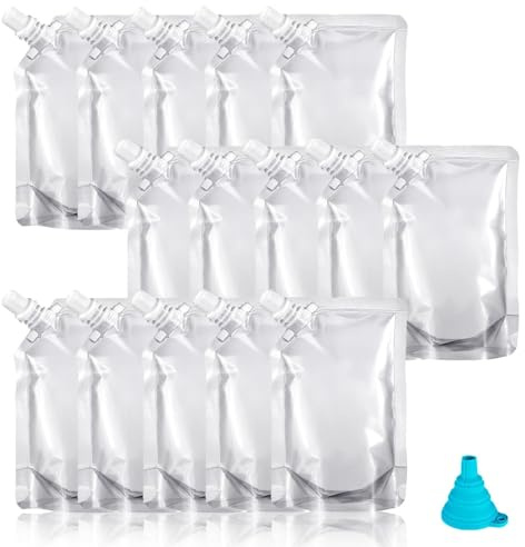 15 Packungen Trinkbeutel, nachfüllbar, Saftbeutel, auslaufsicher, mit Ausgießern, Trichter, tragbare Taschen, Festival-Essentials für Partys, Picknick, Reisen, Sport, Saft, Wasser, Zuhause (500 ml)