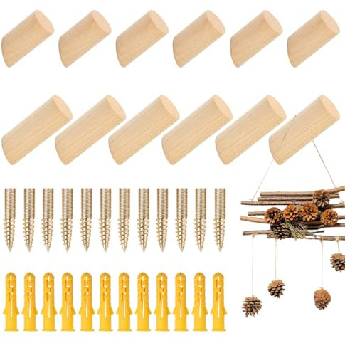 Omtofo 12 Stück Holzhaken 6cm 8cm, Wandhaken Holz Aus Natürlichem Buche, Runde Dekorative Garderobenhaken Holz, Mit Schrauben, Zum Aufhängen Von Wohnaccessoires, Kleidung, Rucksäcken, Hüten