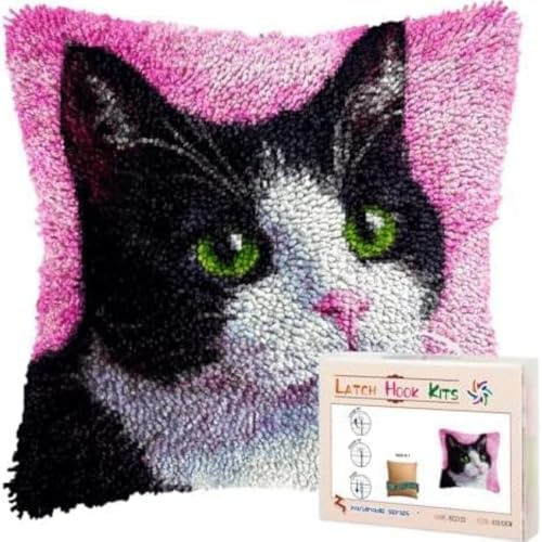Latch Hook Cushion Kits for Adults Black White Cats Green Eyes Pink Rug Cover Pillowcase Kids Beginner DIY Needlework Embroidery Kits Handmade Set Craft Sofa Home Decor 43x43cm,1pcs