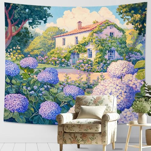 Arazzo floreale con ortensia, da appendere alla parete, con primavera blu viola, affascinante pezzo decorativo da giardino per soggiorno, camera da letto, estetica accogliente, 152 x 127 cm