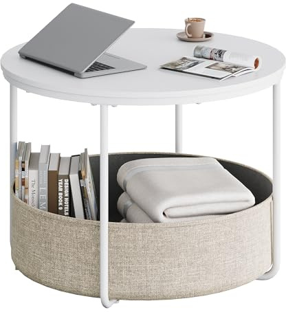 WLIVE Couchtisch Rund Weiss, Wohnzimmertisch mit Korb aus Stoff, Metallrahmen, Wohnzimmer Tisch für Couch, 60 Durchmesser Kaffeetisch für Wohnzimmer, Schlafzimmer (Weiß, 60 Durchmesser)