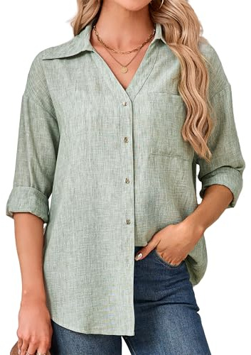 Enmain linneblus damer sommar bomull linne blus damer linneskjorta v-ringad skjorta blus långärmad toppar ledig lätt och luftig damblusar för vardag semester strand resa kontor S–3XL, Grön, XL