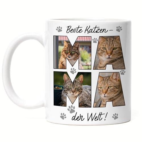 Kiddle-Design Beste Katzenmama Tasse, Personalisierte Fototasse für Katzenbesitzerin und Katzenliebhaberin mit Text und Fotos, Katzentasse als Katzengeschenk – Tasse Weiß