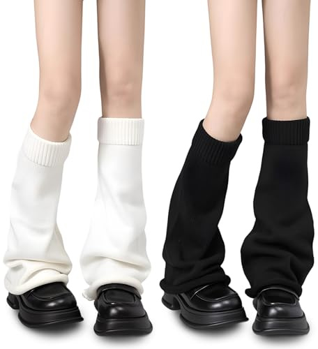Sahunfri 2 Pairs Long Knitted Leg Warmers 80s Y2K, Soft Stretchy Warm for Women Girls Ladies,Retro 8090s Punk Style Knee High Stockings Boots Cuff, UK Womens Leg Warmers (Black White, One Size)