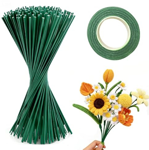 FuxFuis 150 Pz Filo di Ferro per Fioristi, Steli per Fiori Finti 30 CM, Fili di Ferro Modellabile φ 2MM, Gambo Floreale Filo Metallico con Nastro Adesivo per Bouquet, Ghirlande e Artigianato Fai-da-Te