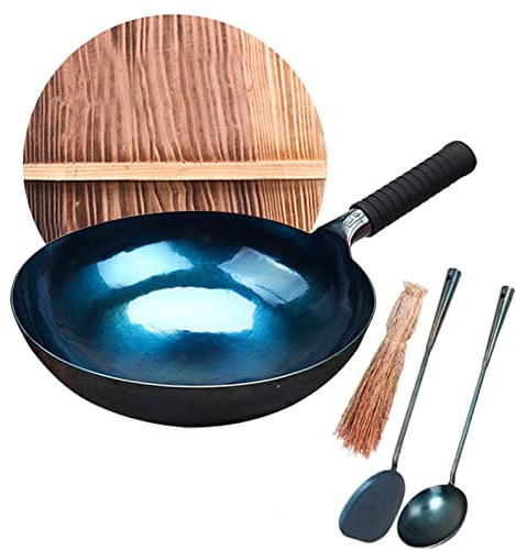 Wok Cinesi in Ferro martellato a Mano, padelle per Wok in ghisa con Coperchio in Legno e Utensili da Cucina, Fondo Rotondo/Senza Rivestimento/Meno Olio/pentola Antiaderente, 30 cm