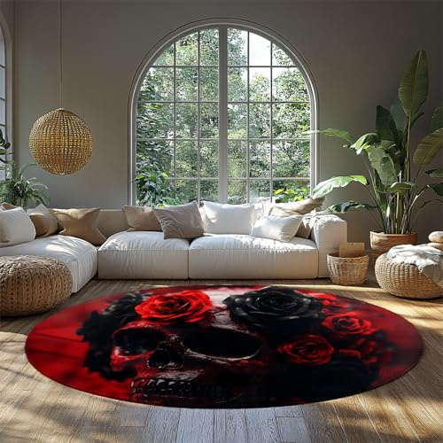 BYLEEHOMED Halloween Round Rugs 210 cm Rose Blood Color Skull Circle Rug Creepy Front of the Washbasin Carpet Dark Gothic Floor Mat for Bedside Decor