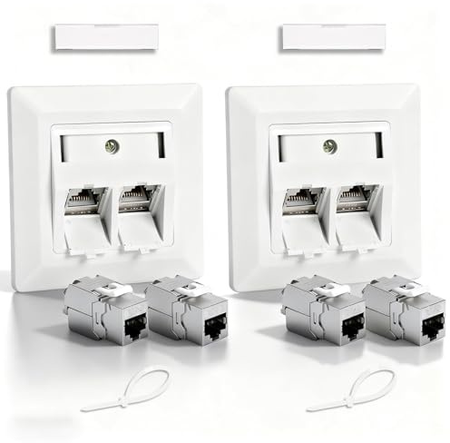 2 x 2-Port CAT 7 Netzwerkdose Unterputz + 4 x CAT 7 Keystone RJ45 Modul | CAT Netzwerk Verlegekabel Vollgeschirmt,Weiß Unterputzdosen,Glasfaser Dose aufputz,Netzwerkdose Aufputz