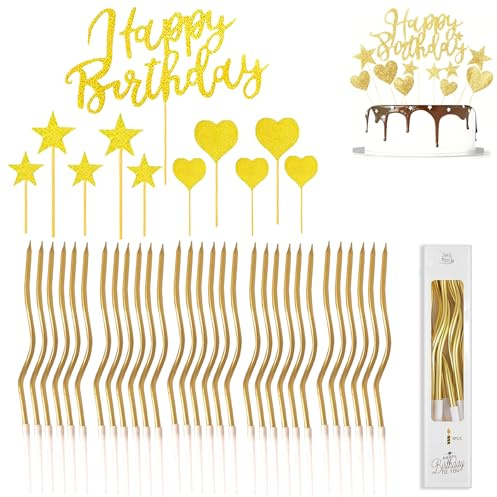 47 PCS Gold Birthday Cake Candles Set, 36 PCS Gold Birthday Candles, 11 Glitter Happy Birthdays Cakes Toppers, Spiral Cake Candle with Holders for Parties and Birthdays Decorations