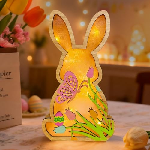 Kaezuy LED Osterhase Lampen, Modern Osterdeko Holz Hase mit LED Licht, Ostern Deko Beleuchtet Hasen zum Hinstellen Gravur mit Tulpen & Schmetterlings, Frühlingsdeko Osterhase für Tisch Dekoration