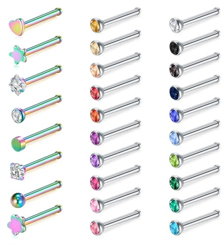 WillTen 30 st rak näsdubbar silver, 20 g näsring knopp rak eller L-formad kirurgisk rostfritt stål liten nosdubbar, liten näsa piercing smycken silverben skruvar näsdubbar för kvinnor, 7mm x 2mm