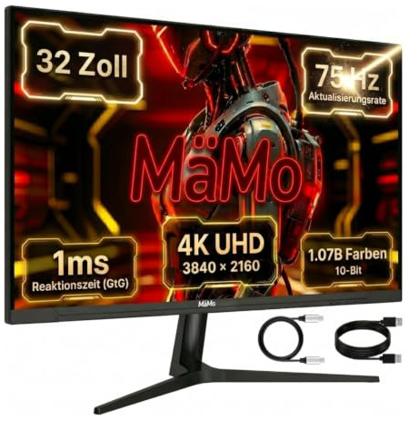 MäMo Moniteur Gaming 65W USB-C 32 4K IPS 75Hz | Panneau IPS 4K UHD (3840 x 2160) de 32. 75Hz, 1ms, 95% DCI-P3. HDMI 2.1, DP 1.4, RGB, réglable en hauteur.