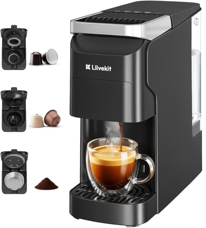 LLIVEKIT 3 in 1 Multi Capsule Coffee Machine, 20 Bar Espresso Maker | Compatible with Nespresso/Dolce Gusto Pods/Ground Coffee, 40s Fast Heat Up, Self-Cleaning, 920ml Water Tank for Home Office
