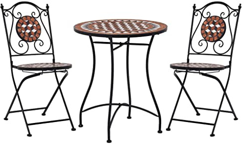 Qnhdfrt 3-TLG. Bistroset Mosaik, Balkonmöbel Set in Terracotta-Rot, Mosaiktisch 60 cm mit 2 Stühlen, Keramik und pulverbeschichtetes Eisen, stabile Sitzgruppe für Garten Terrasse