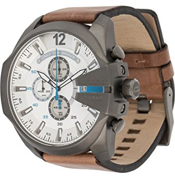 DIESEL Mega Chief DZ4280 - Mouvement Quartz - Affichage Analogique - Bracelet Cuir marron et Cadran Blanc - Homme