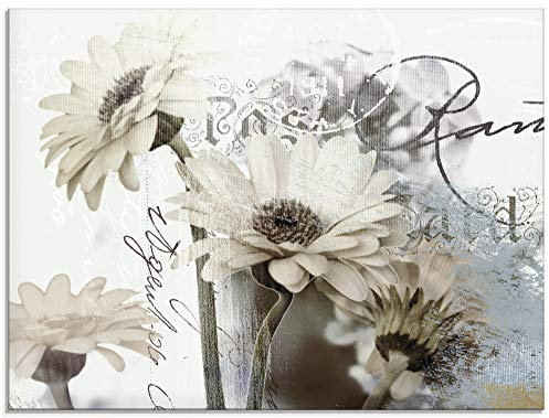 ARTland Wanddeko Glasbilder Wandbild Glas Bild einteilig 80x60 cm Querformat Blumen Blüten Gerberas Schriftzug Shabby Chic T4RU