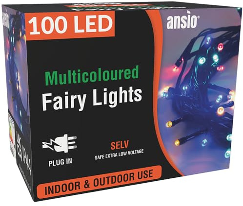 ANSIO® Christmas Lights 100 LED 10m/32ft Christmas Tree Lights for Indoor & Outdoor Multicolour Decorations Fairy String Lights for Xmas Garden Bedroom & Party | Mains Powered Green Cable