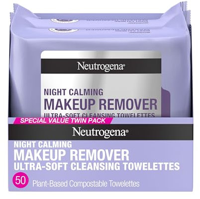 Neutrogena Makeup Remover Night Calming Cleansing Towelettes, Disposable Nighttime Face Wipes to Remove Dirt, Oil & Makeup, 25 ct, Twin Pack