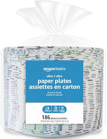 Amazon Basics Ultra Paper Plates, 10 Inch, Disposable, 372 Count (2 Pack of 186), Packaging May Vary