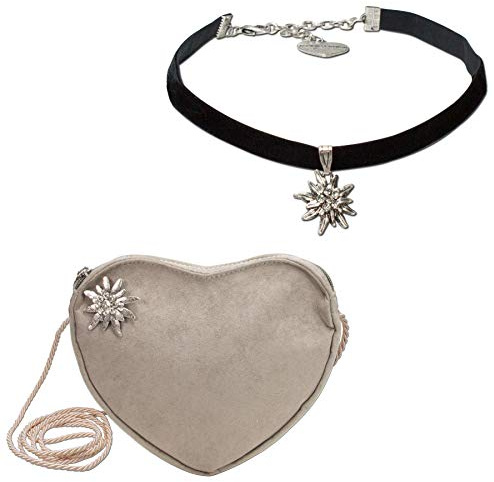 Alpenflüstern Trachtenset Trachten-Samt-Kropfband und Herztasche Strass-Edelweiß - Damen-Trachten-Schmuck und Trachtentasche, elastische Trachtenkette und Dirndltasche in traditionellen Farben SET034
