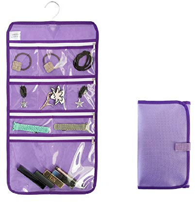 ANIZER Travel Foldable Jewelry Rolls Bag Hanging Jewelry Organizer with 9 Zippered Clear Pockets Storage Pouch with Rotatable Hanger (PURPLE)