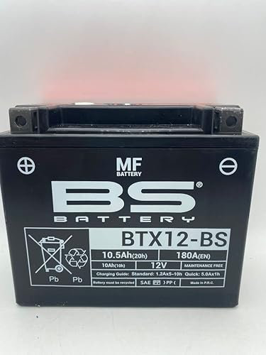 Motorradbatterie BS BTX12-BS (YTX12-BS) betriebsbereit – Maße: 15 x 8,7 x 13 cm für Suzuki DR650RE, REU 650 1994-1995