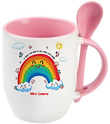 Personalised Rainbow Theme It Takes a Big Heart to Help Shape Little Minds Birthday, End of Term, Thanks-Giving Coffee Tea Mug Unique Spoon Ceramic Mug. (Pink Spoon)