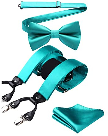 HISDERN Hosenträger Herren Türkis Fliege und Hosenträger Set Herren Klassische Einfarbig Verstellbar Y Form Mit 6 Extra Stark Clips Braces Hochzeit