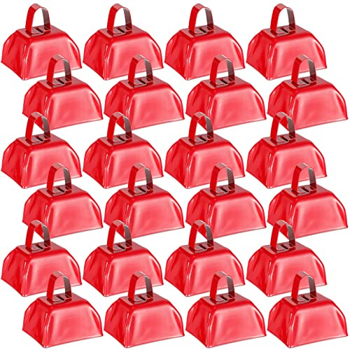 Yeshone 24 Pcs Metal Cowbell with Handle Cow Bells Noise Makers for Sporting Events Small Loud Noisemaker Cow Bell for Wedding Cheering Football Games, 3 x 2.8 x 2.5 Inch(Red)