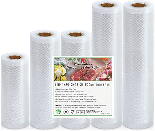 KitchenBoss Vakuumierbeutel Vakuumbeutel-Lebensmittel Vakumierfolienrollen Vakuumierfolie Vakumierbeutel：Vakuumrollen Folienrollen für Vakuumierer Sous Vide Beutel BPA Frei 5 Roll 15X1/20x2/28x2/500cm