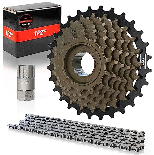 1PZ F7W-28T Tourney/TY MF-TZ500 - Cassetta per bicicletta a 7 velocità, bullone a cassetta 14-28 denti, con strumento di bloccaggio per riparazione cassetta e catena per bicicletta a 7 velocità