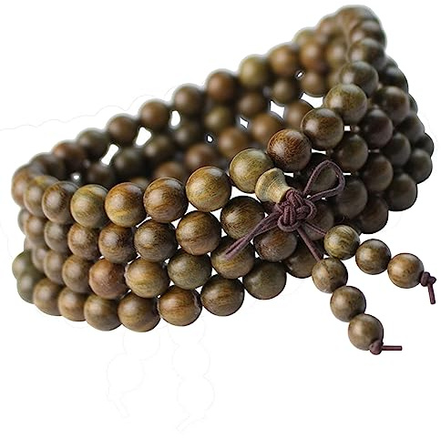 DYLYMX 108 pulseras de sándalo natural de 8 mm con cuentas tibetanas budistas verdes, pulsera de sándalo verde mala, oración, meditación, collar elástico, Madera