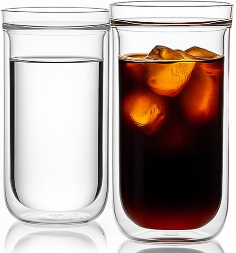 Aquach Double Wall Glass Cup 16oz 2pcs, Clear Insulated Coffee Drinking Glasses, Single Mouth/Double Body