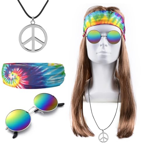 iZoeL Hippie Kostüm Herren Damen Perücke Peace Halskette Batik Stirnband | Karneval Kostüm Herren Damen, Perücke, Brille, Peace Halskette,Stirnband, Faschingskostümes männer, Karneval Halloween Motto