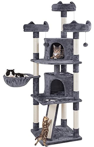 Yaheetech Kratzbaum 193 cm XXL deckenhoch Katzenkratzbaum Stabil Katzenbaum mit 8 Sisalstämme 2 Katzenhöhlen und 3 Aussichtplattformen, Dunkelgrau