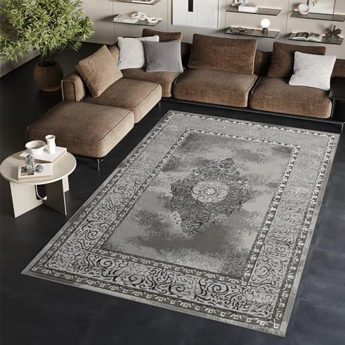 TAPISO Ares Teppich Kurzflor Glänzend Dunkelgrau Grau Ornament 160 x 220 cm | Bordüre Barock Klassisch 3D Effekt Wohnzimmer Schlafzimmer OEKO-TEX