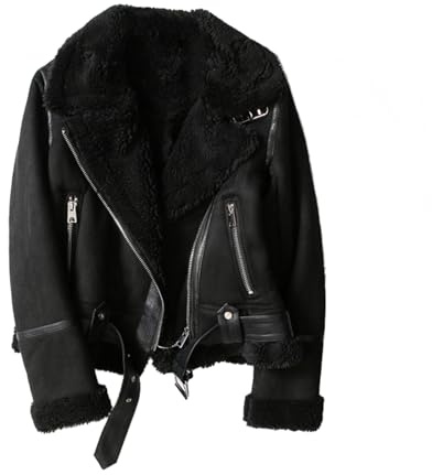 Mujer De Cuero Sintético Corto Recortado Marrón Abrigo Para El Invierno Vintage Piel Integrada Chaqueta Con Cremallera Solapa Mangas Largas Chaquetas Femeninas Ropa Exterior, Negro , M corto