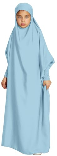 OBEEII Mädchen Hijab Muslimisch Kleid Einfarbig Dubai Islamische Türkisches Katfan Muslimische Robe Himmelblau 12-13 Jahre