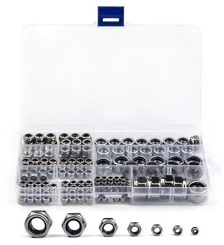 170 Stück/Set Nylon Kontermutter Befestigung M3 M4 M5 M6 M8 M10 M12 304 Edelstahl Selbstsichernde Sechskantkontermutter DIN985 Werkzeugset
