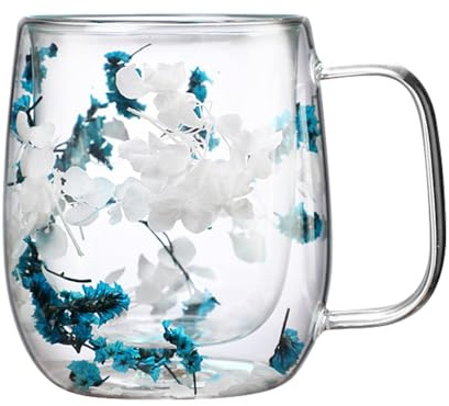 Lnhgh Doppelwandige Glasbecher, Elegante Tasse Mit Trockenblumen-Design, Hitzebeständiger Doppelwandiger Glasbecher Mit Getrockneten Blumen Für Kalte Getränke, Cappuccino, Milch